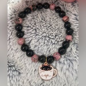Obsidian & Black Stripe Rhodochrosite Cat Coffee Bracelet